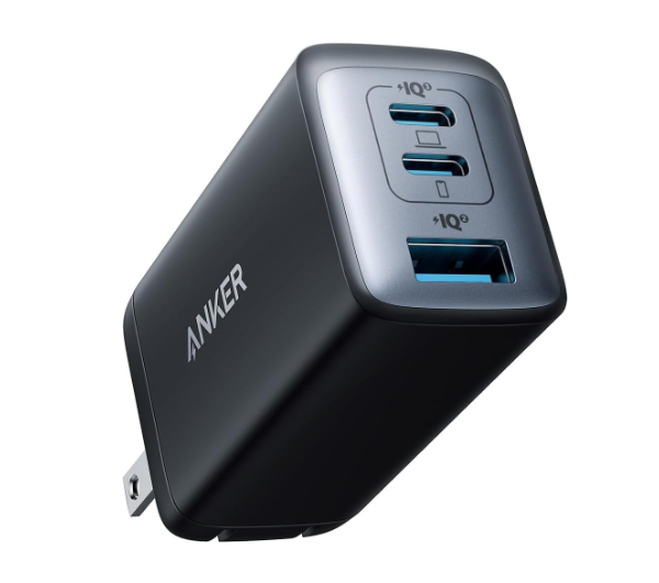 Anker 735 GaNPrime charger showing two USB-C ports and one USB-A port in a compact design
