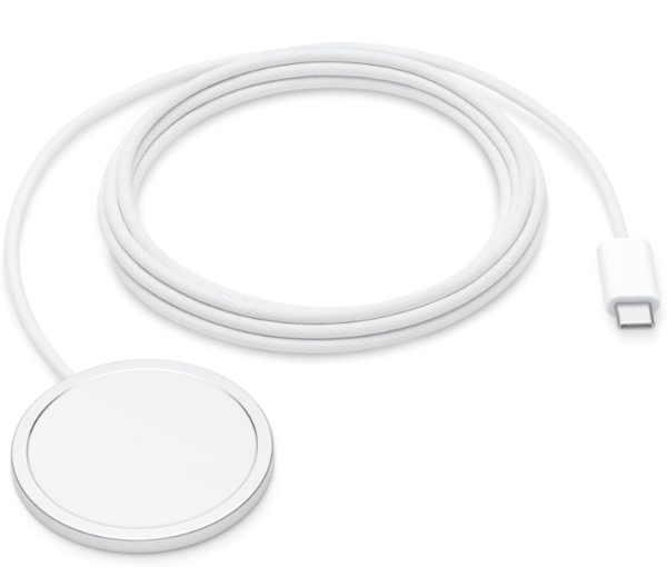 Apple MagSafe Charger with silver aluminum finish and white charging surface