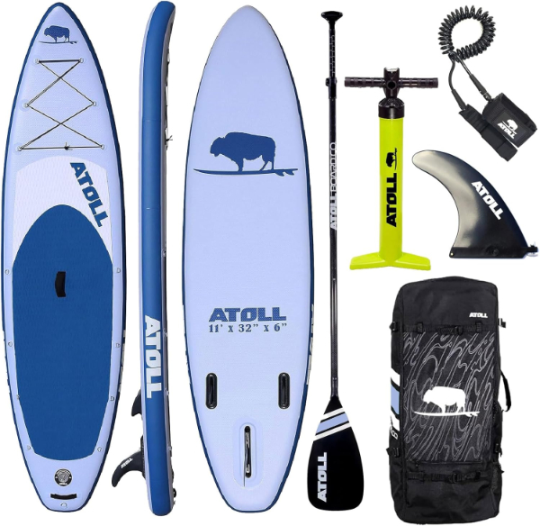 Atoll 11-foot inflatable board with its carbon fiber hybrid paddle and desert sand colorway