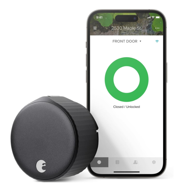 August Wi-Fi Smart Lock 4th Generation mounted on the inside of a door