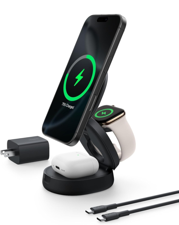Belkin 3-in-1 charging stand showing iPhone, Apple Watch, and AirPods charging simultaneously