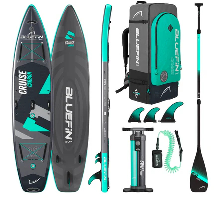 Bluefin Cruise Carbon 12 foot inflatable board showing carbon fiber rails and dual air chambers