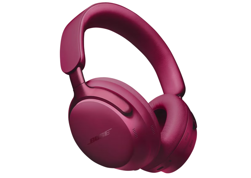 Bose QuietComfort Ultra showing the metallic hinge and plush earcups