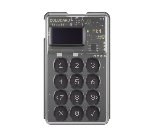 Coldcard Mk4 hardware wallet with numeric keypad and industrial design