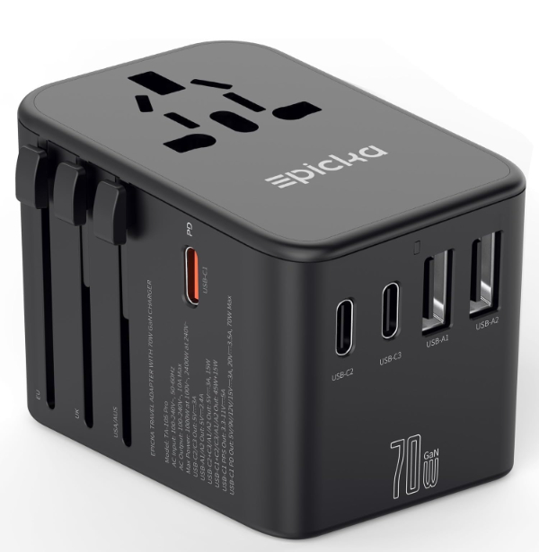 EPICKA TA-105 Max Universal Travel Adapter in black showing multiple USB ports