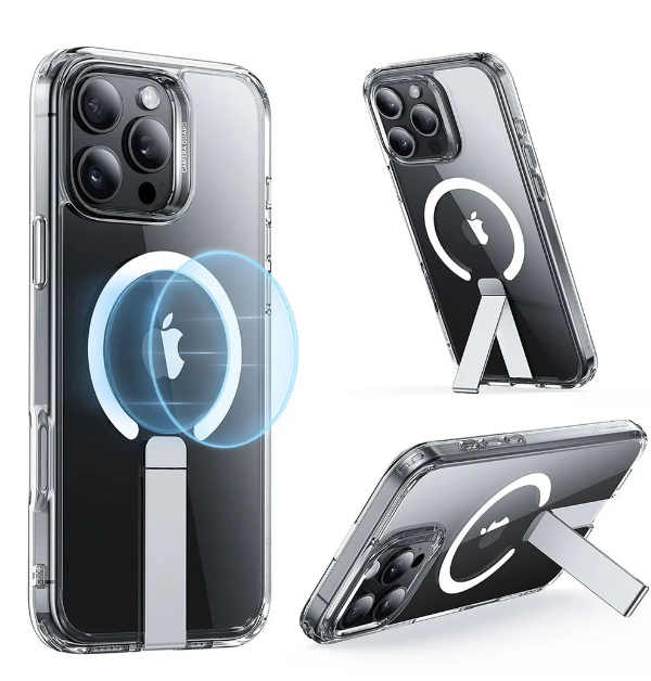 ESR Boost Flickstand Case with MagSafe ring and small metal kickstand near the bottom