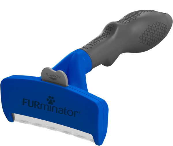 FURminator Undercoat deShedding Tool showing the stainless steel edge and FURejector button