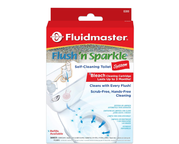 Fluidmaster Flush n Sparkle toilet cleaning system installed in tank