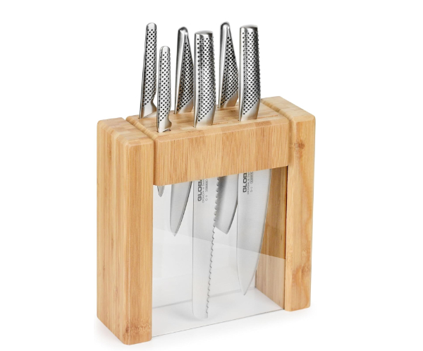 Global Ikasu 7-Piece Knife Block Set with signature dimpled stainless steel handles in a bamboo block