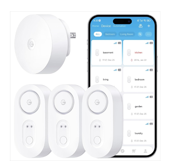 Three white Govee water sensors with a small Wi-Fi gateway