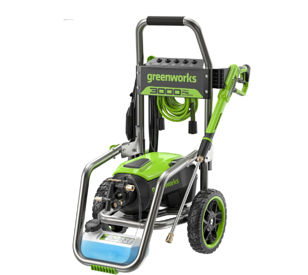 Greenworks Pro 3000 PSI electric pressure washer with vertical frame and large wheels