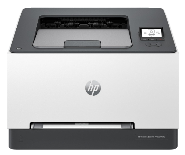 HP Color LaserJet Pro 3201dw featuring a compact white design and slate accents.