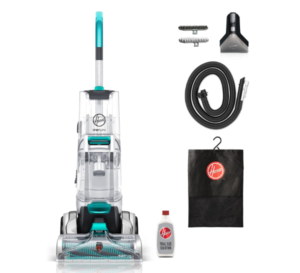 Hoover SmartWash+ Automatic Carpet Cleaner with translucent blue tanks