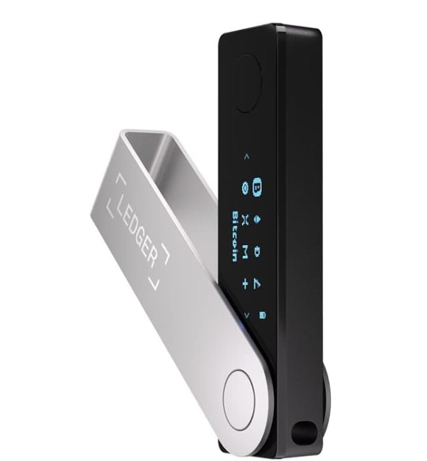 Ledger Nano X hardware wallet showing its sleek steel swivel design and screen
