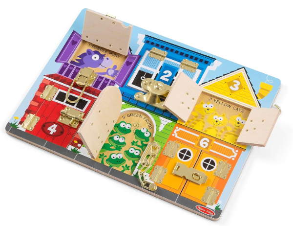 Melissa & Doug Latches Board with various locks and latches