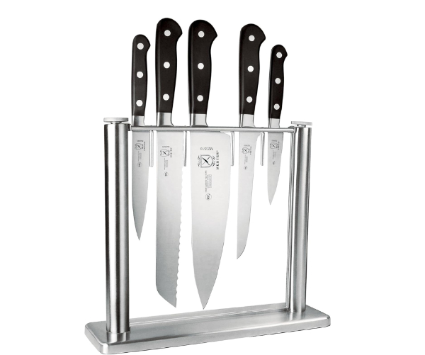 Mercer Culinary Genesis 6-Piece Forged Knife Block Set with glass and wood block