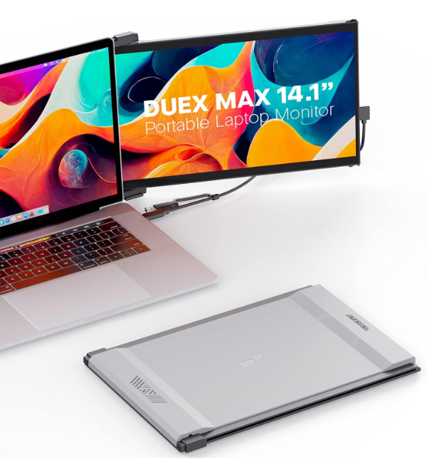 Mobile Pixels Duex Max attached to laptop lid sliding out