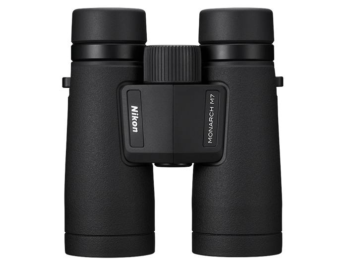Nikon Monarch M7 8x42 binoculars featuring sleek black rubber armor and wide objective lenses