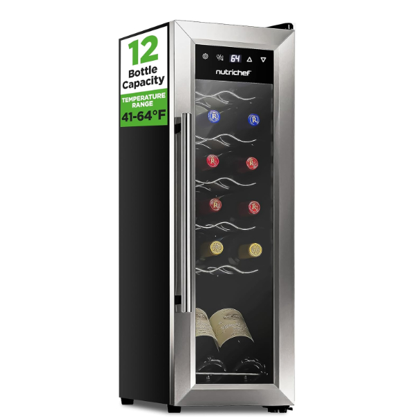 NutriChef 12-bottle upright wine cooler with standing rack