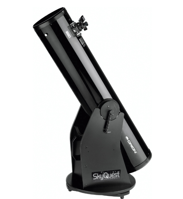 Orion SkyQuest XT8 Classic Dobsonian telescope with a large black tube and wooden base