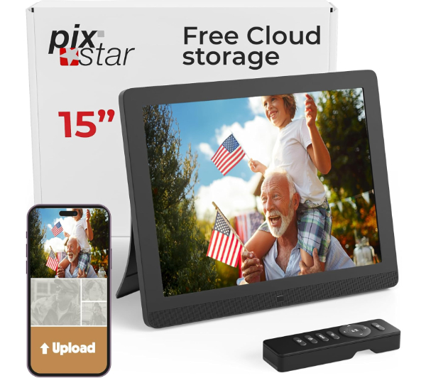 Large 15-inch Pix-Star digital frame displaying multiple photos in a grid layout