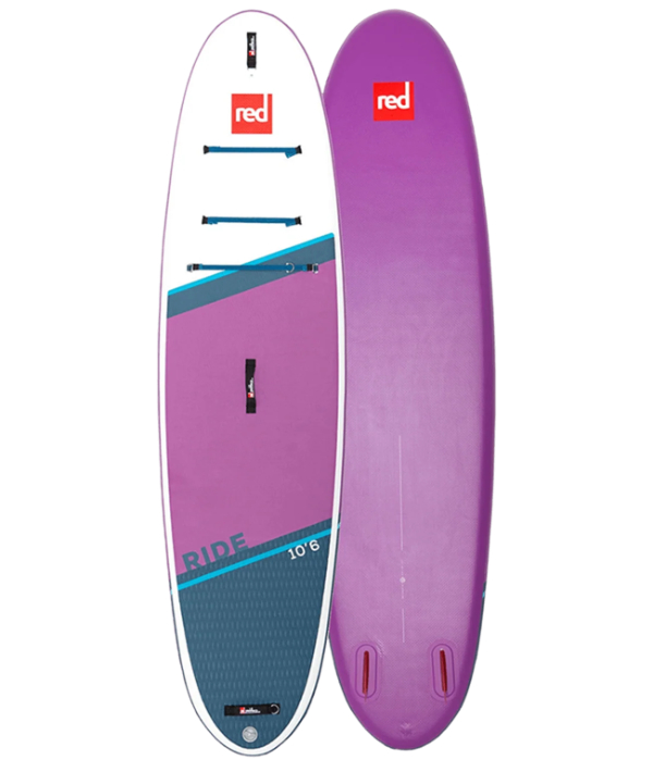 Red Paddle Co 10'6 Ride MSL Inflatable Paddleboard showing its purple deck pad and MSL construction logo