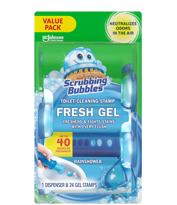Scrubbing Bubbles Fresh Gel Stamps applied to the side of a toilet bowl