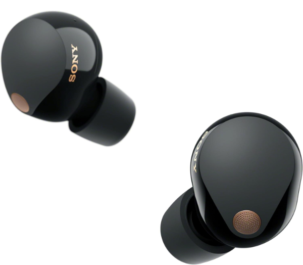 Sony WF-1000XM5 wireless earbuds in black with foam tips