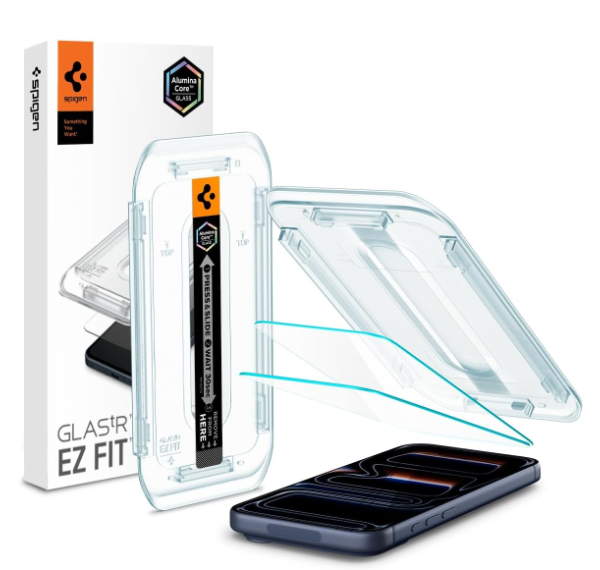 Spigen Glas.tR EZ Fit installation tray over an iPhone screen