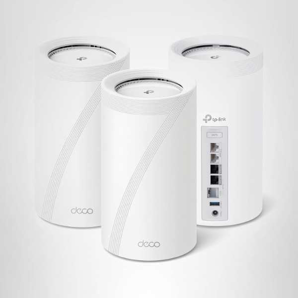 TP-Link Deco BE85 Mesh Node showing its sleek cylindrical design and rear ports
