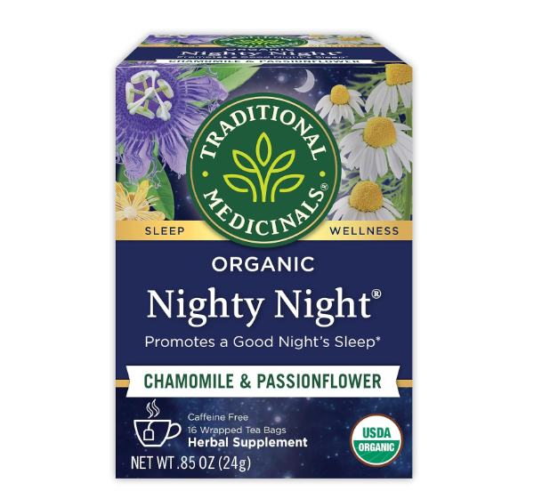 Traditional Medicinals Nighty Night tea box with passionflower illustration