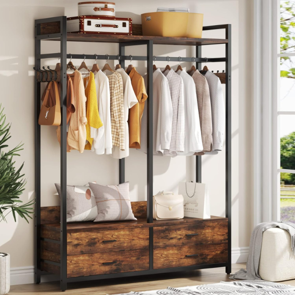 Tribesigns freestanding closet organizer with heavy duty metal frame and wood shelves