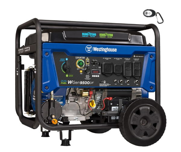 Heavy duty Westinghouse WGen9500DF generator with large wheels and blue frame