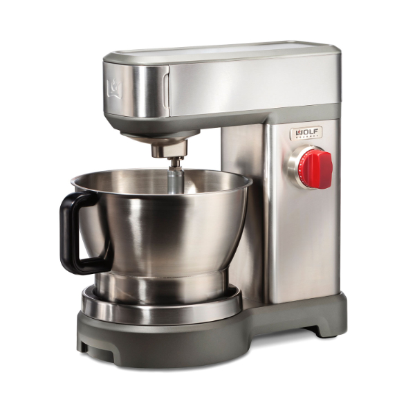 Wolf Gourmet High-Performance Stand Mixer with red knobs