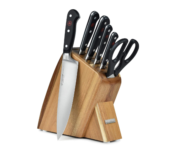 W&Atilde;&frac14;sthof Classic 7-Piece Slim Knife Block Set featuring forged German steel knives in an acacia wood block