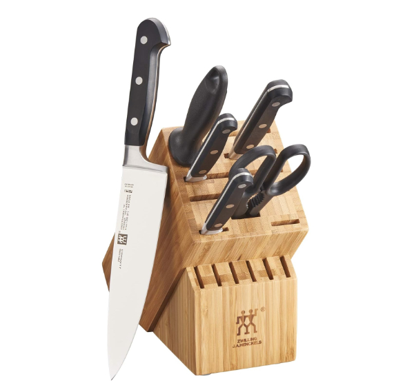 Zwilling Professional S 7-Piece Knife Block Set with triple-riveted handles and forged blades